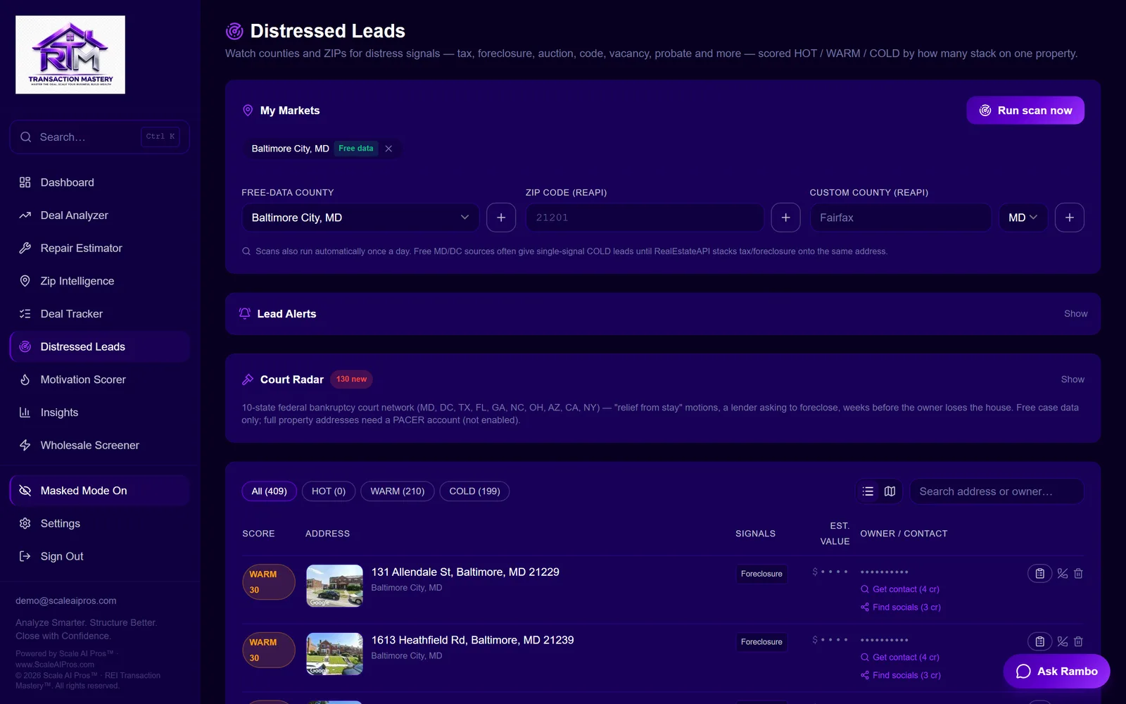Distressed Leads + Skip Trace — real product screenshot
