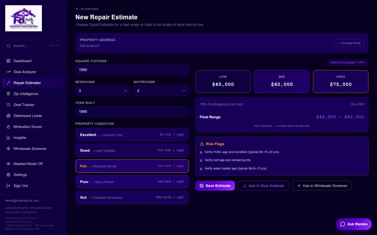 RepairIQ Estimator — real product screenshot